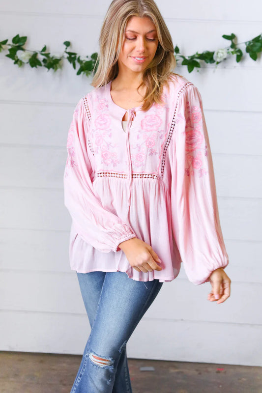 BLUSH EMBROIDERED TIE STRING TOP